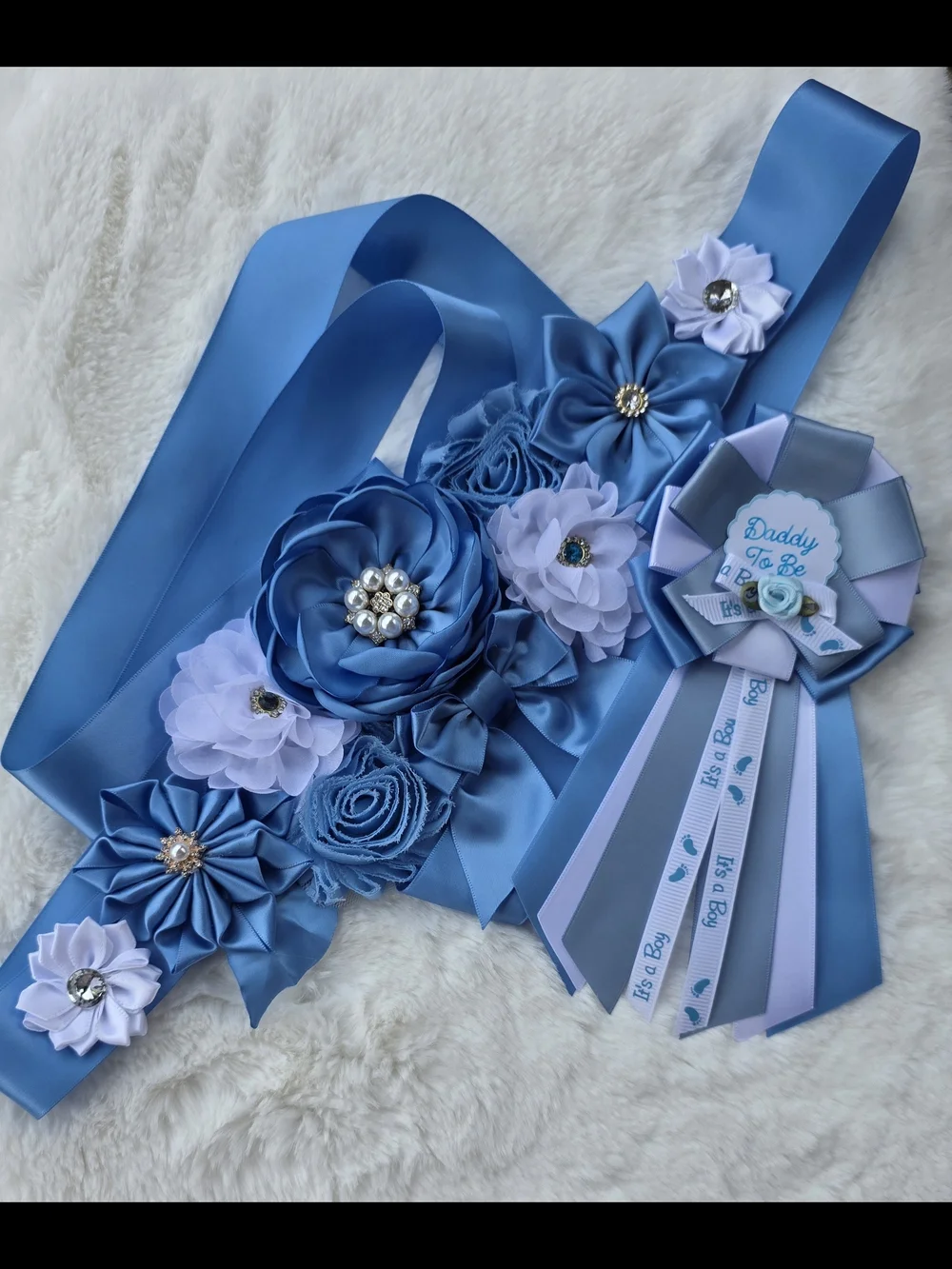 Blue Satin Floral Baby Shower Sash with Matching Rosette